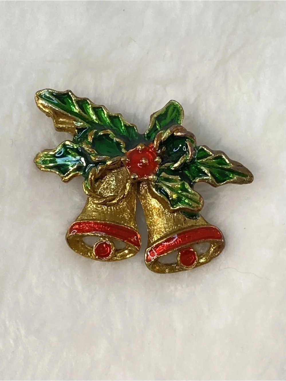 Holiday Bells Pin - Gold, Green & Red Festive Brooch